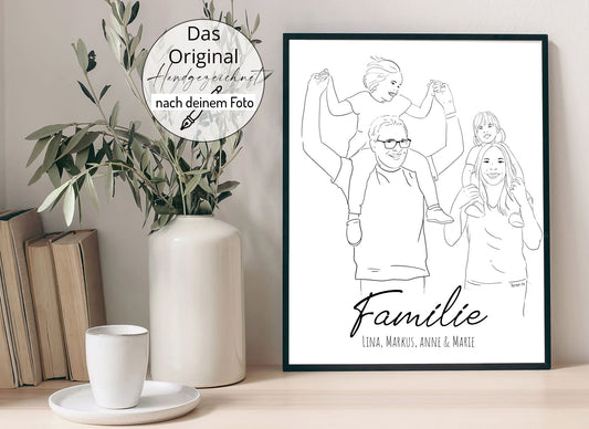 Line Art Poster "Familie" nach deinem Foto mit Wunschtext